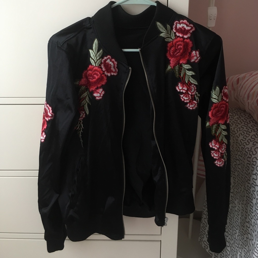 Black bomber jacket with roses